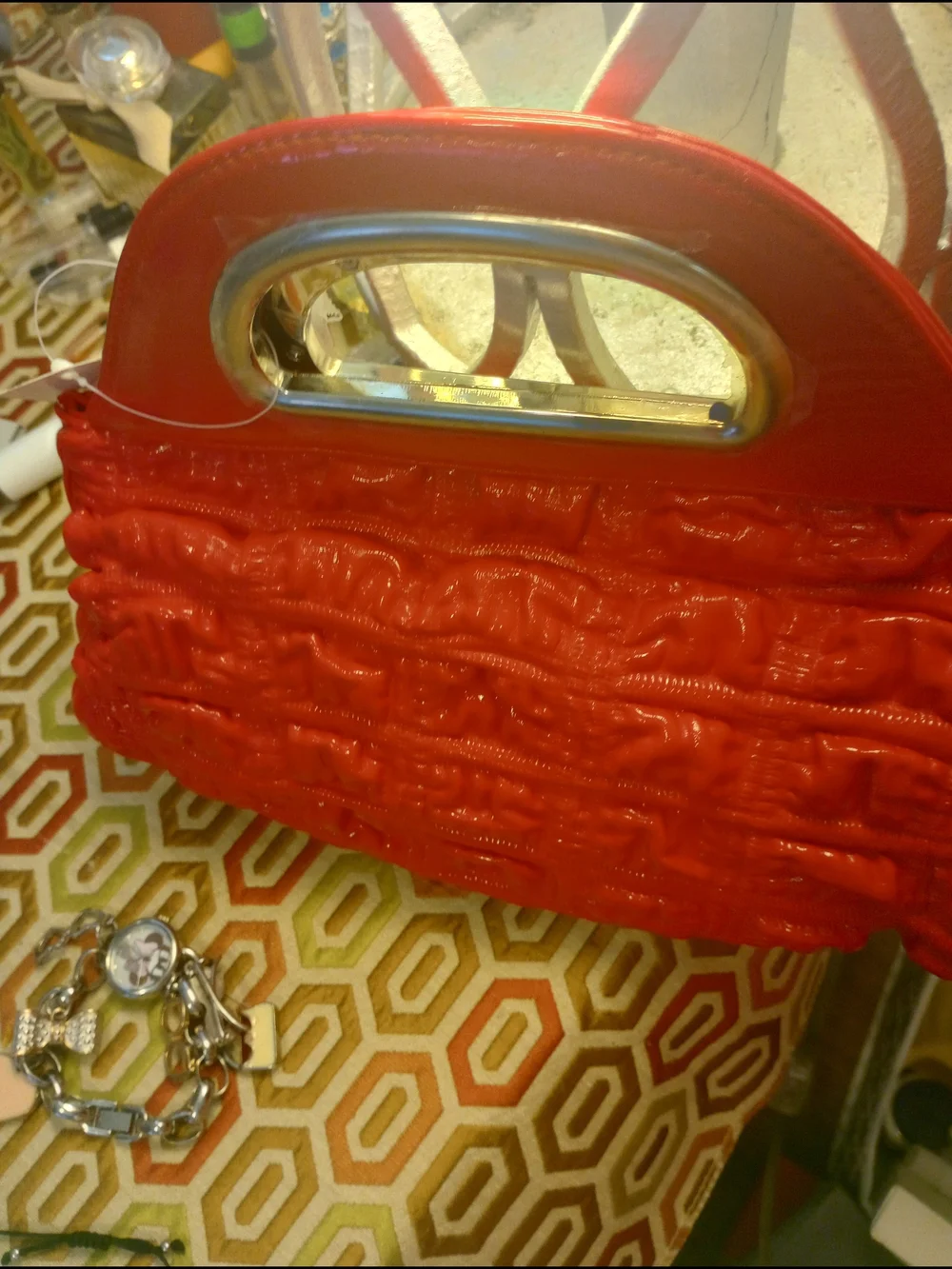Red Ruffled Handbag with Silver Accent - Picture 4 of 14